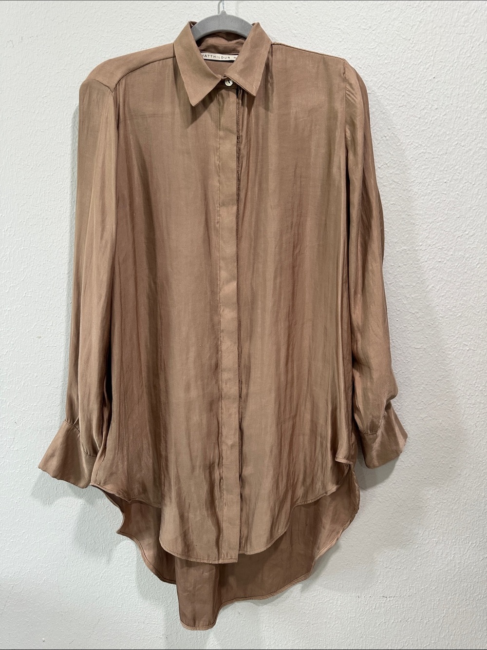 Matthildur 100% Silk Camel Button-Up Women's Shirt Tunic Length